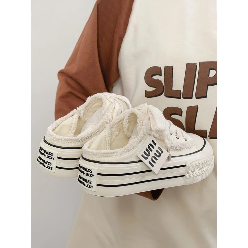 2025新款小白鞋女夏季厚底半拖休闲百搭一脚蹬两穿可踩后跟帆布鞋