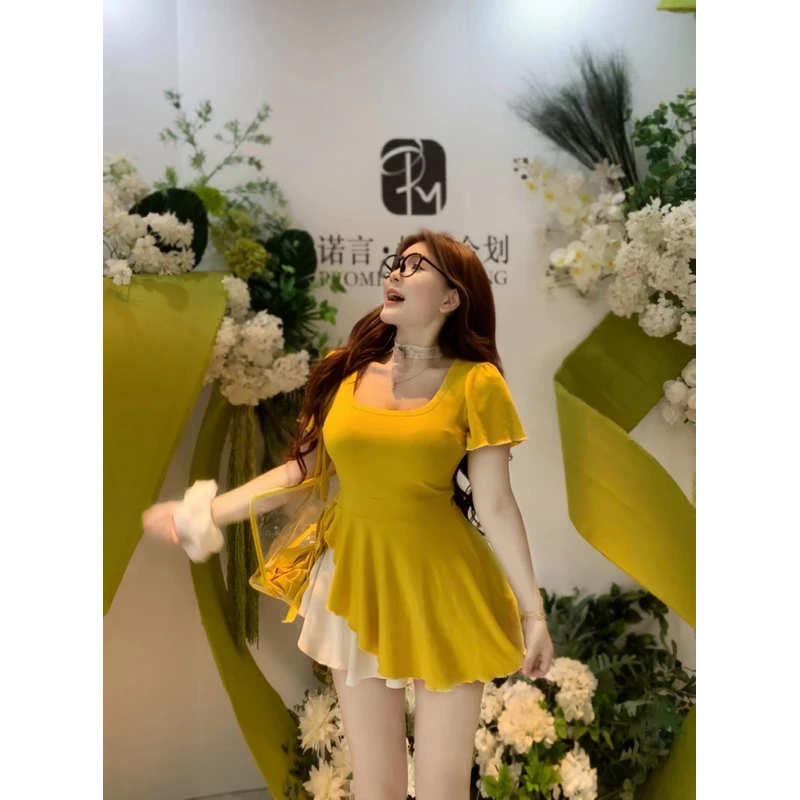 微胖夏季新款韩版U领小飞袖收腰T恤百搭不规则绑带修身显瘦上衣