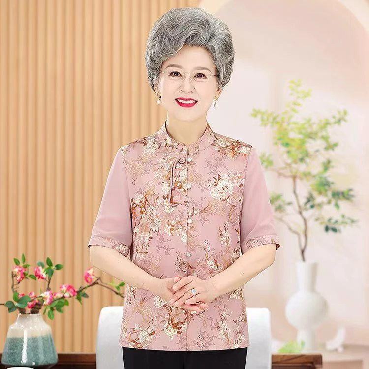 9473- 粉 夏季立领妈妈装休闲中袖中老年薄款老年人衬衫