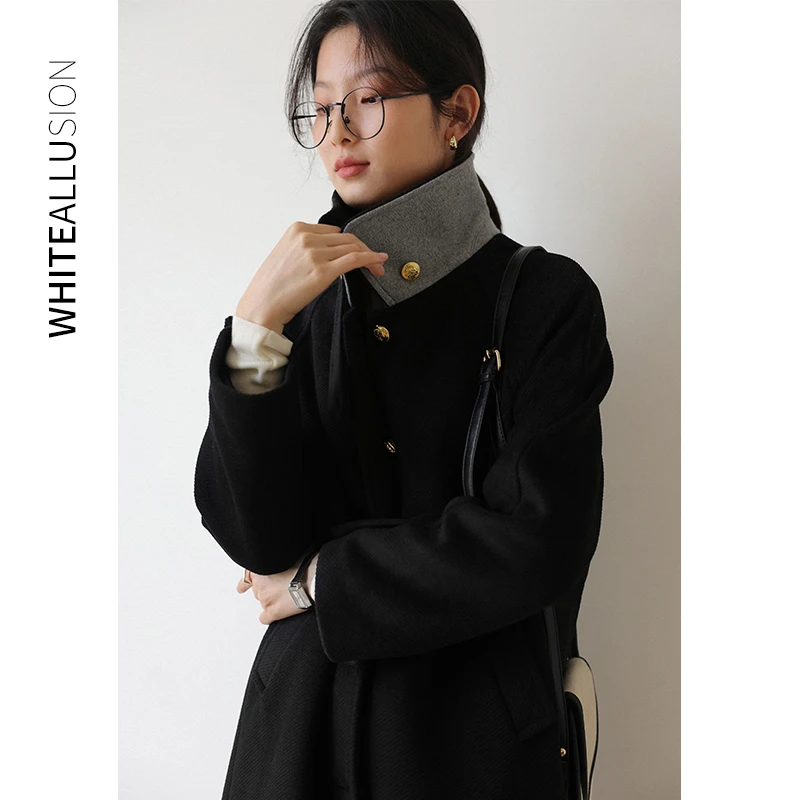 清仓【1063】毛呢大衣女赫本风翻领复古金属扣直筒中长款外套