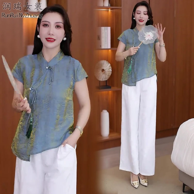 中国风女装短袖夏季宽松型减龄成人中式衬衫新中式2025两件套潮流
