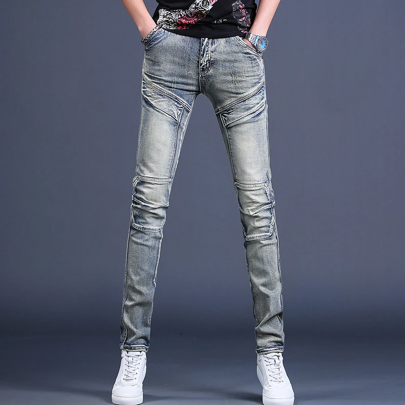 JJ秋季新款高端弹力牛仔裤男士百搭修身小脚休闲复古个性长裤子潮