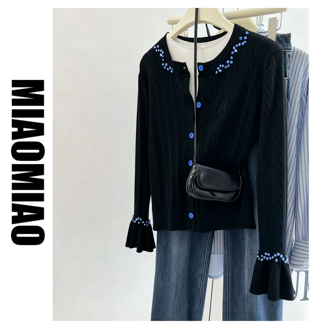 【大码】1382 新款时尚法式气质钉珠简约针织毛衣