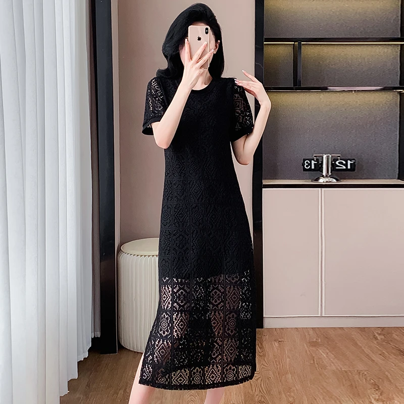 镂空连衣裙中长款开叉大码裙子女黑白两色显瘦连衣裙长裙遮肉法式