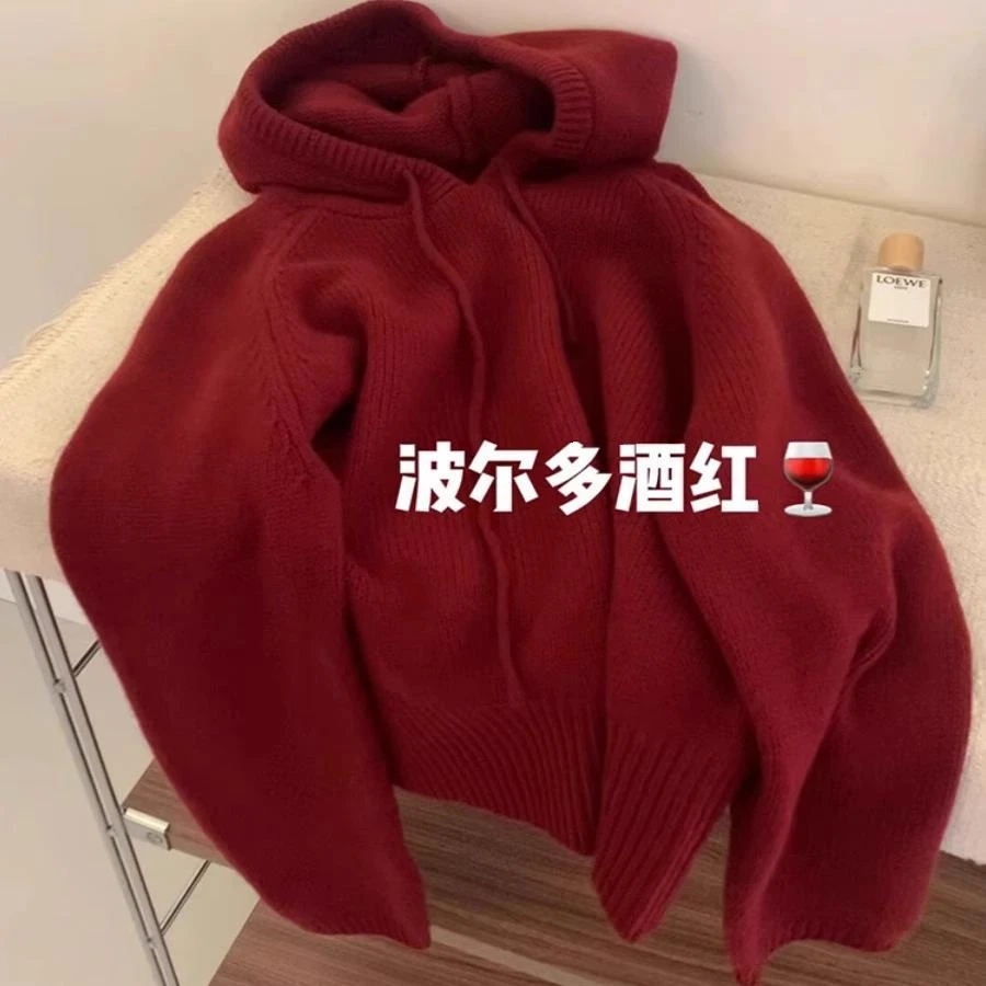 秋冬季新年复古酒红色带帽毛衣女连帽高级感超好看内搭针织衫上衣