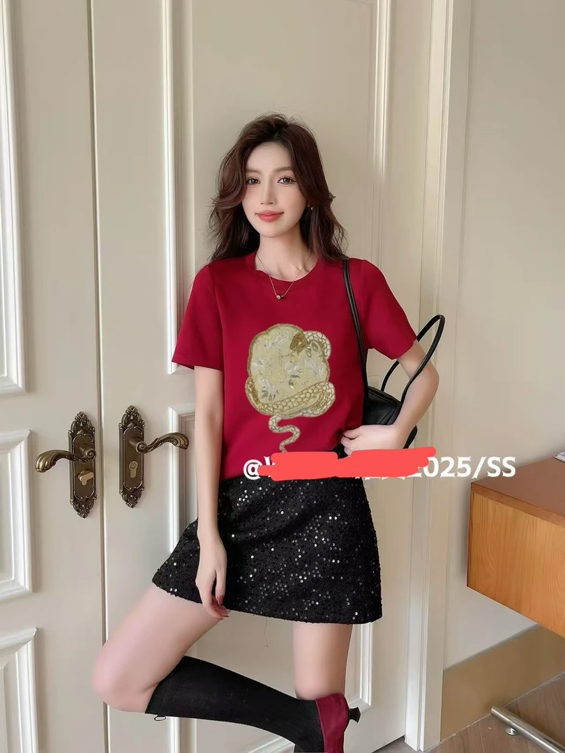 【肉总】新款重工国风钉珠圆领短袖上衣