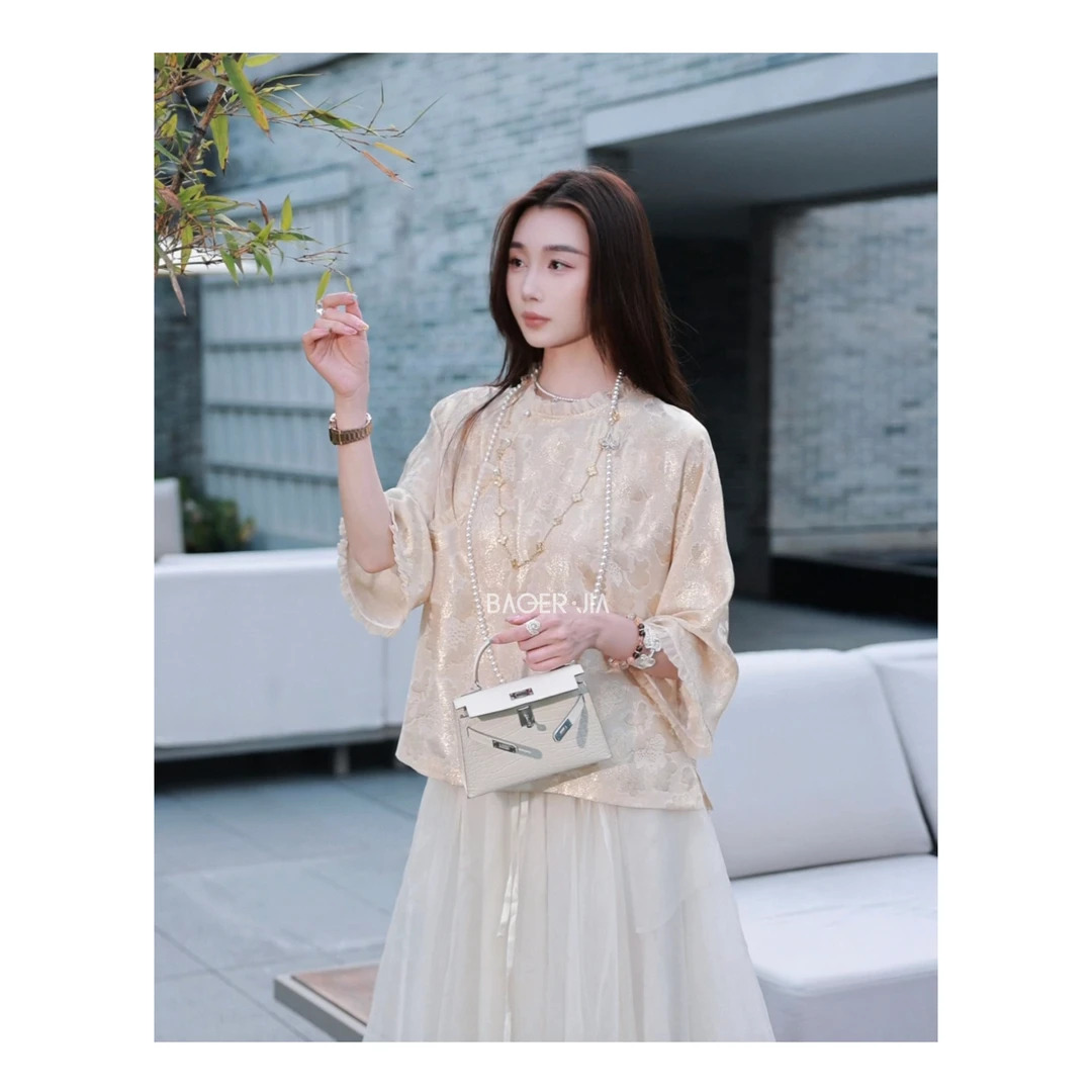 99-宝儿家含幂BK84525103春夏新款木耳花边领国潮风金丝提花上衣