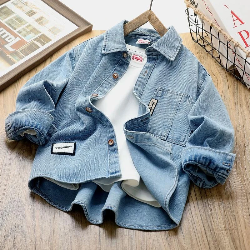 男童牛仔衬衫长袖休闲衬衣2025春秋新款复古水洗潮中大童外套百搭
