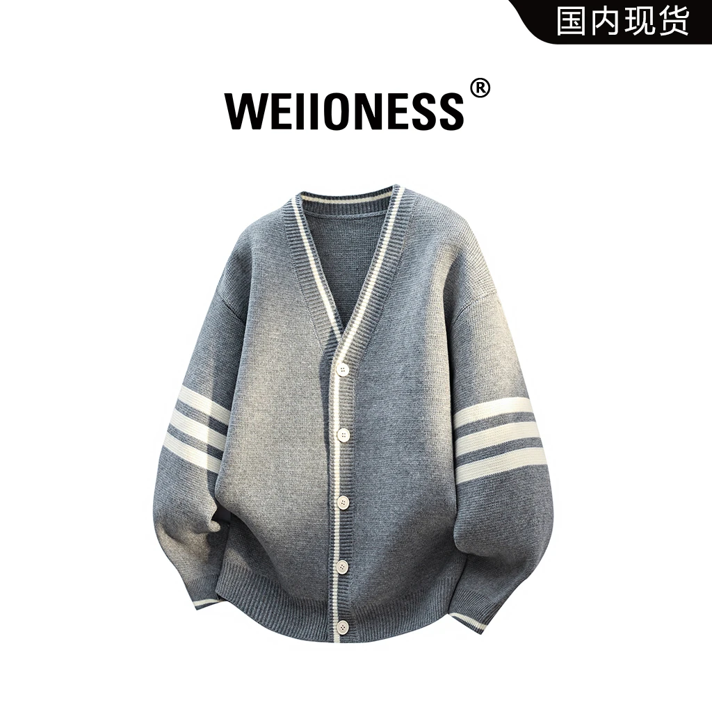 WEIIONESS经典三条杠日系开衫毛衣男士秋冬潮流时尚百搭针织外套