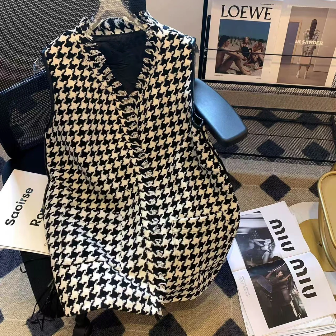 小香风马甲女春季千鸟格复古坎肩背心外套女春秋格子宽松韩版马夹