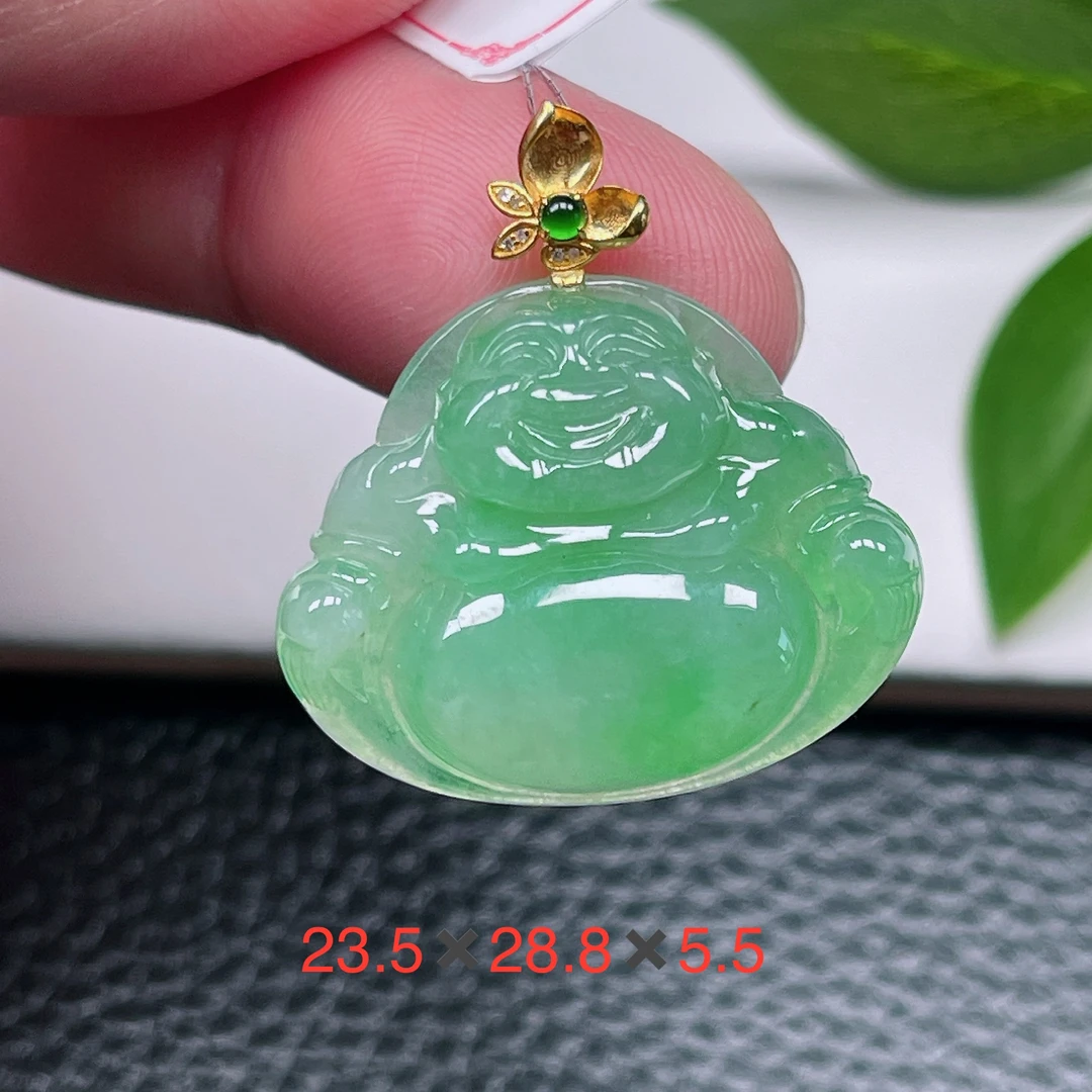 天然缅甸翡翠A货～冰种满绿满色大肚佛吊坠18k冰润玉佛笑佛挂件37