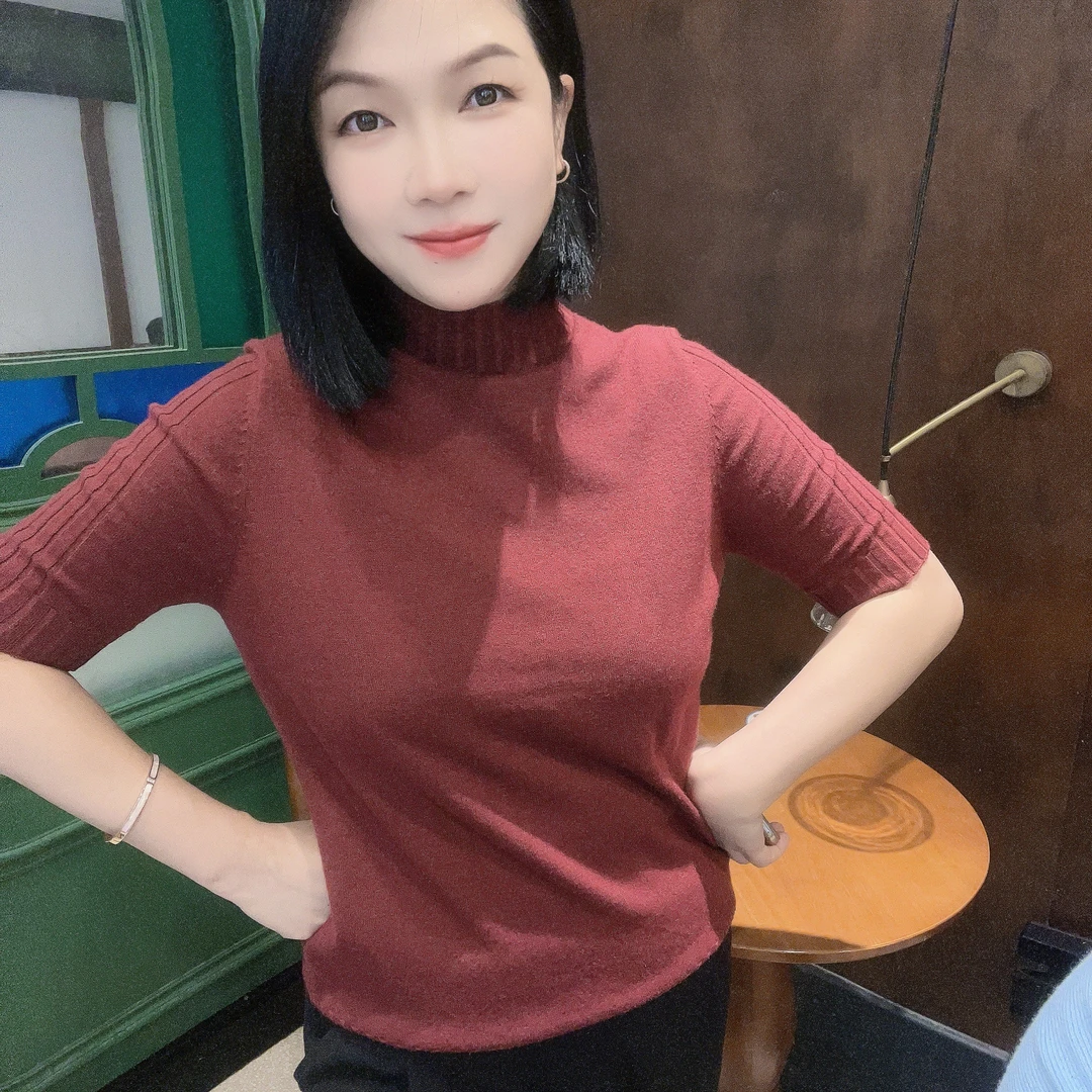 5543秋上新自带半高领中袖纯色不褪色针织衫黑色毛衫打底百搭经典