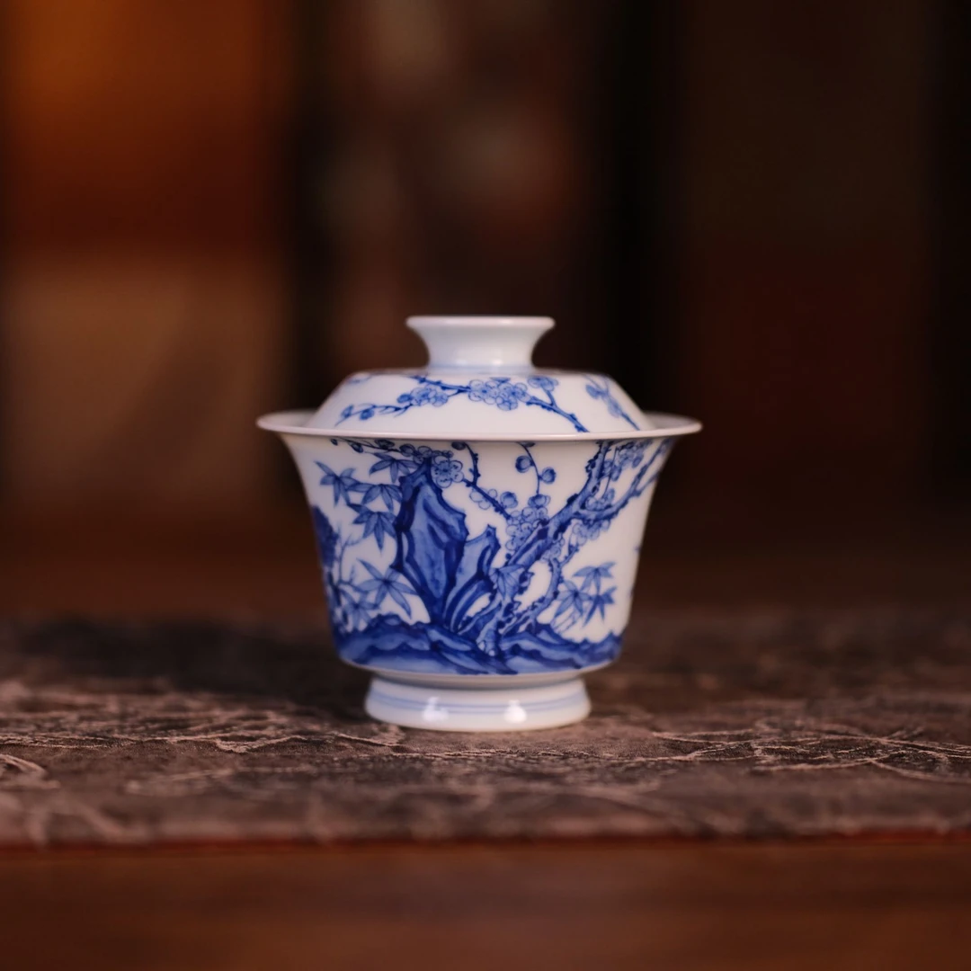 《禄意窑》青花仿明四君子马蹄盖碗+壶承