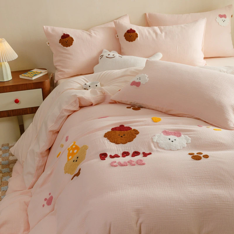 ins风A类母婴卡通毛巾绣纯棉皱皱纱四件套全棉可爱学生1.2三件套