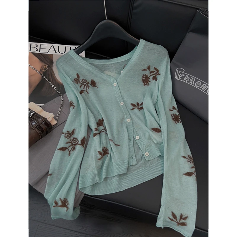 撞色提花针织开衫女休闲百搭辣妹风2025年早秋新款透视高级感上衣