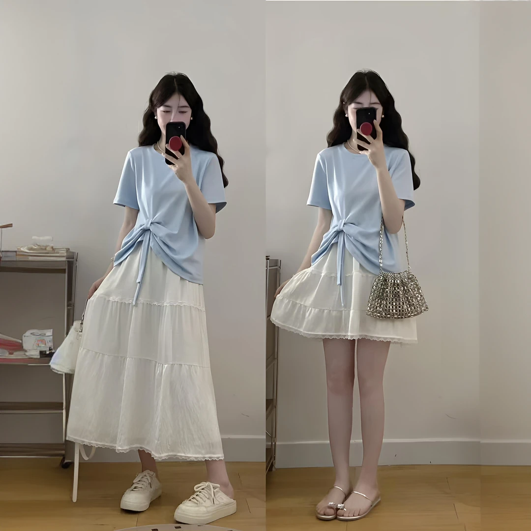 【马琦尧专属】夏季新款花边蛋糕裙+蝴蝶结T恤套装9223