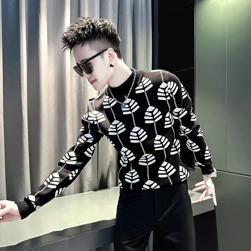 秋冬季半高领毛衣男款2025新款爆款设计感提花男装内搭打底针织衫