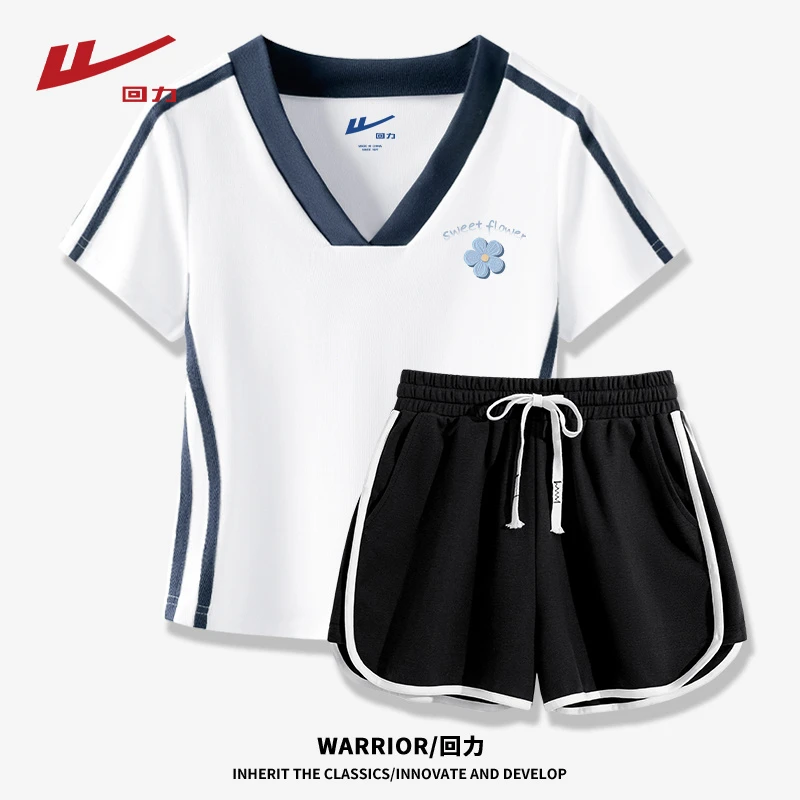 【回力】夏季显瘦套装2025新款爆款短袖短裤美式V领复古潮流百搭