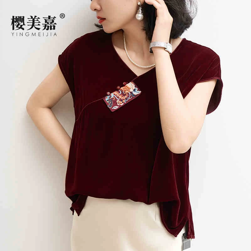 15144樱美嘉v领短袖真丝绒t恤小衫夏民族风刺绣新中式桑蚕丝上衣