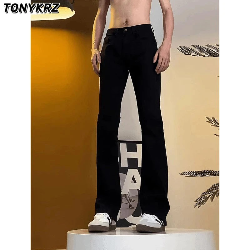 TONYKRZ黑色弯刀牛仔裤男新款纯色修身直筒裤子cleanfit微喇长裤