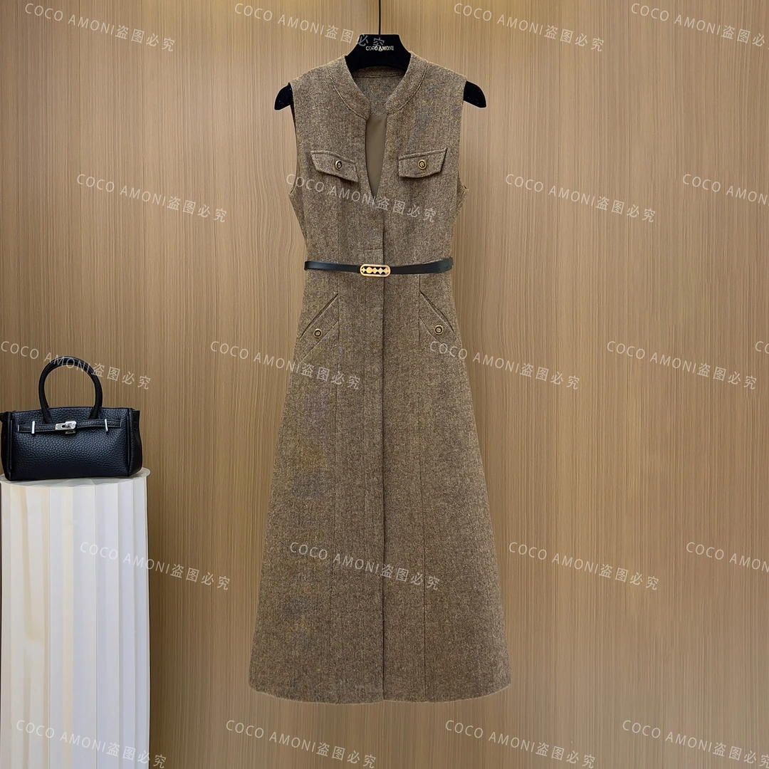 秋冬法式设计师爆款女装拼接收腰显瘦气质连衣裙WXH1030