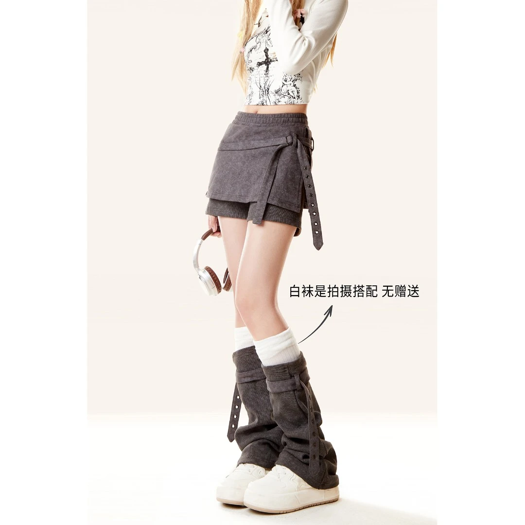 自然涩甜酷风高腰裙裤加绑带腿套女2025春秋季设计感A字裙子套装