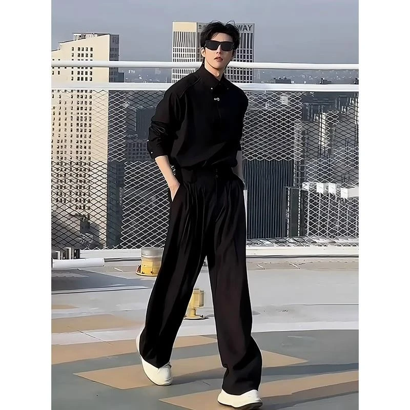 黑色冰丝防晒衬衫套装男夏季痞帅韩里韩气穿搭一整套休闲宽松衬衣