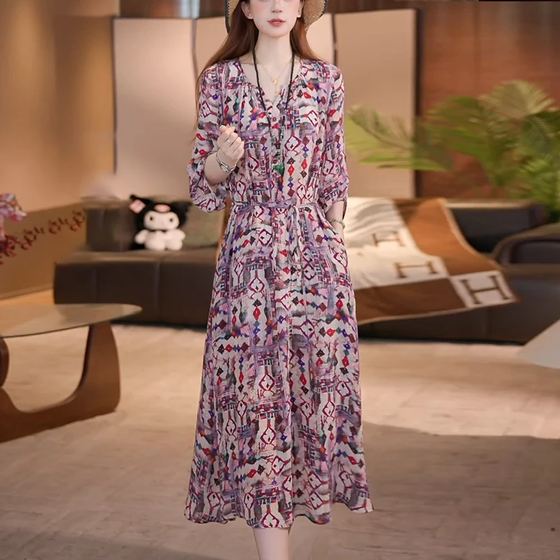 法式复古多彩印花中长连衣裙25夏季新款大码修身时尚宽松显瘦裙子