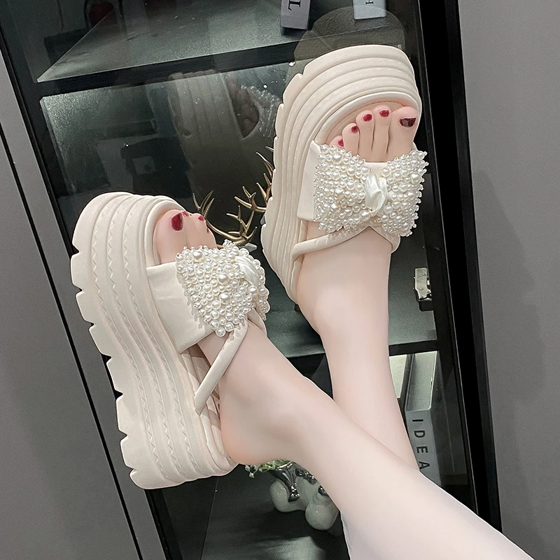 厚底珍珠蝴蝶结拖女外穿2025夏季新款百搭半拖时尚甜美凉拖鞋女