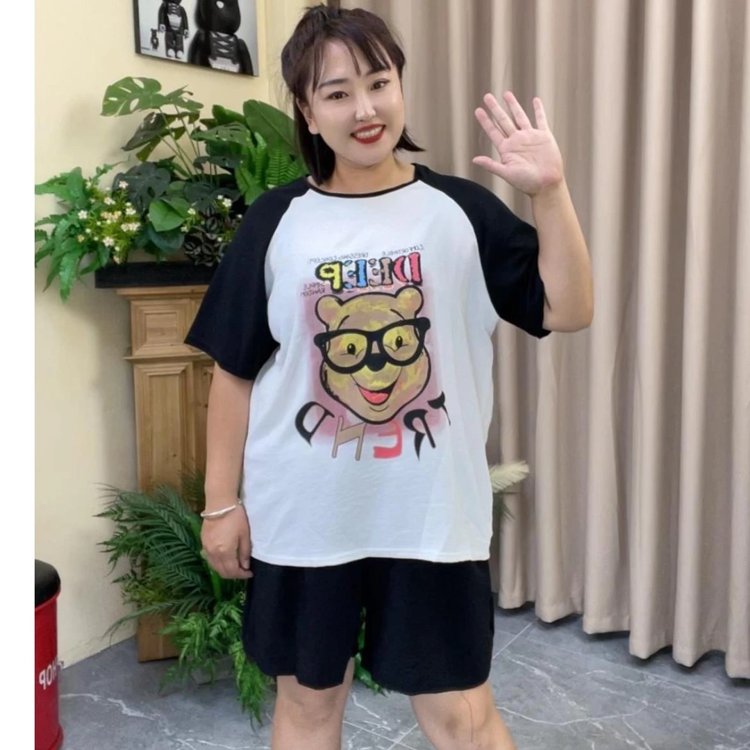 EG两件套短袖+短裤大码胖妹夏季显瘦运动休闲百搭宽松印花圆领001