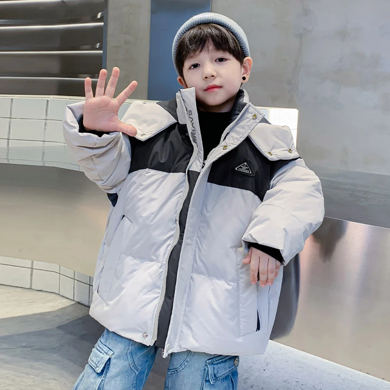 男冬装百搭保暖男童拼色加绒加厚款连帽