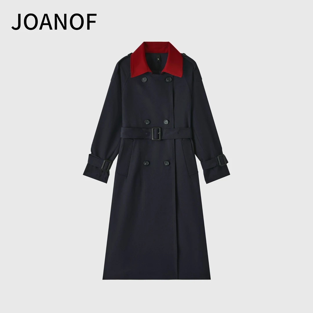 JOANOF【专属W】翻领法式朋克风长款拼接通勤气质收腰风衣-X701