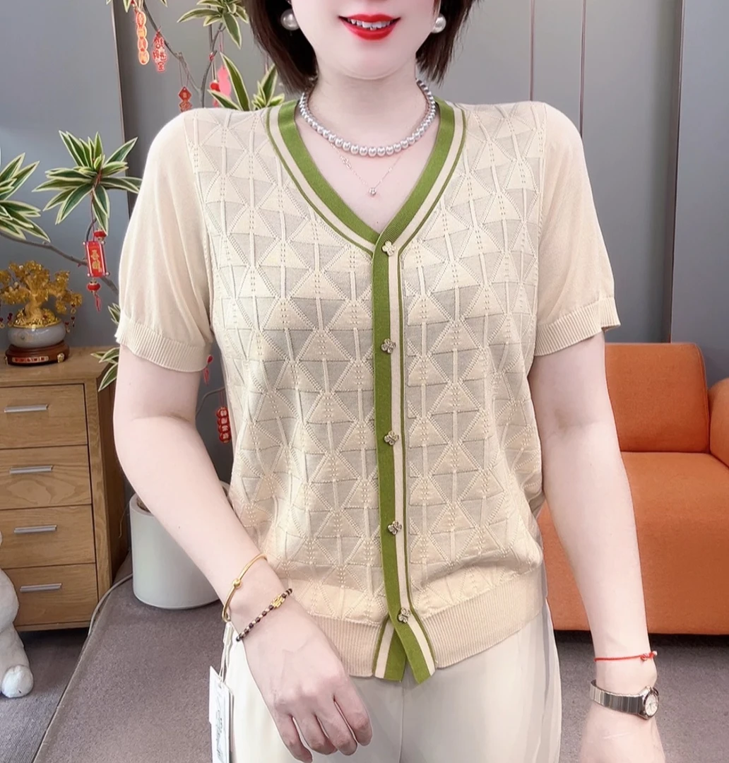 高档时尚简约V领假开衫半袖25004