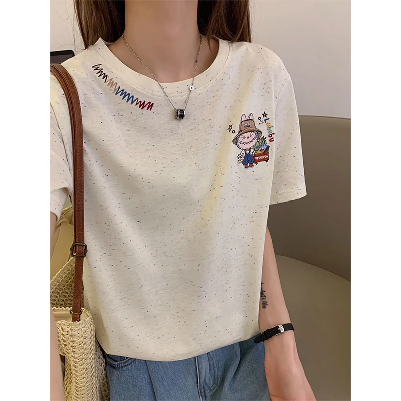 夏季2025新款彩点棉正肩短袖t恤男女胖mm初中生宽松减龄体恤上衣