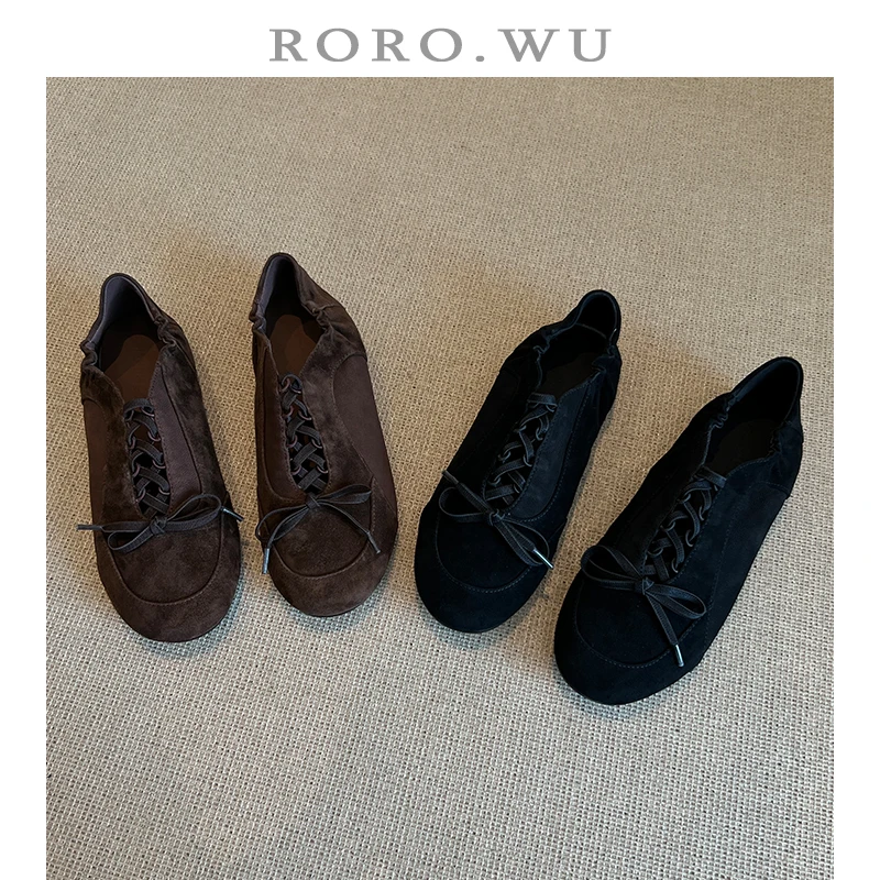 娆娆吴·羊反皮休闲系带镂空蝴蝶结气质百搭通勤四季款单鞋D967