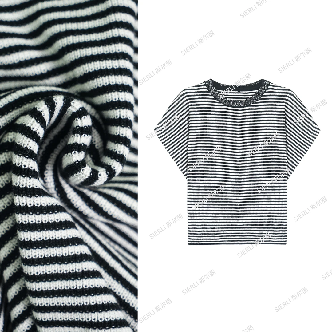 【斯尔丽】专柜正品2025款高端重工亮片条纹针织衫优雅气质上衣D311