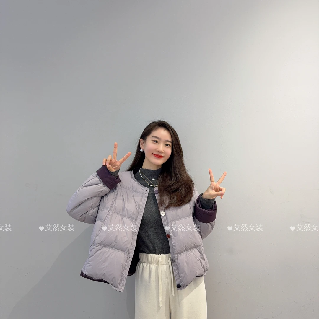 艾然新款女装短款圆领保暖羽绒服冬装百搭泡芙上衣女士长袖外套80