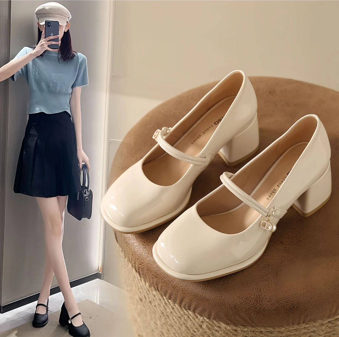 2025新款时尚百搭气质温柔中跟软皮浅口粗跟防滑春秋复古女鞋