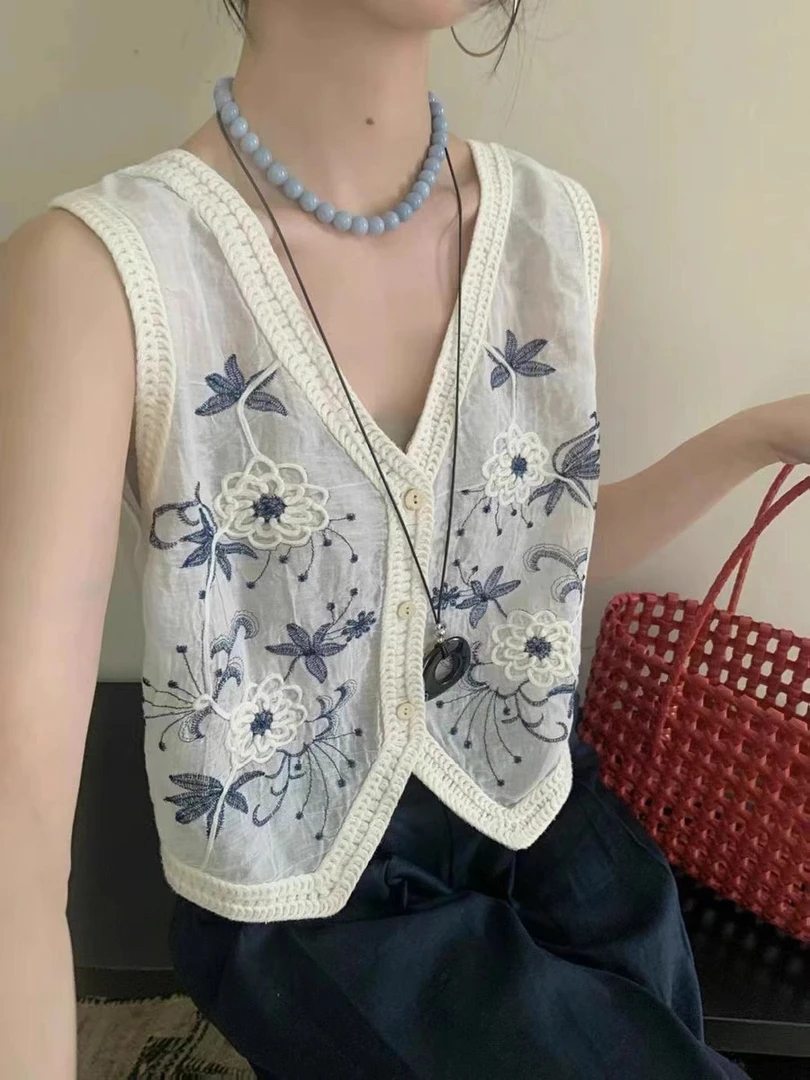 高级感重工刺绣绣花独特别致无袖外穿马甲背心女夏季薄款短款上衣
