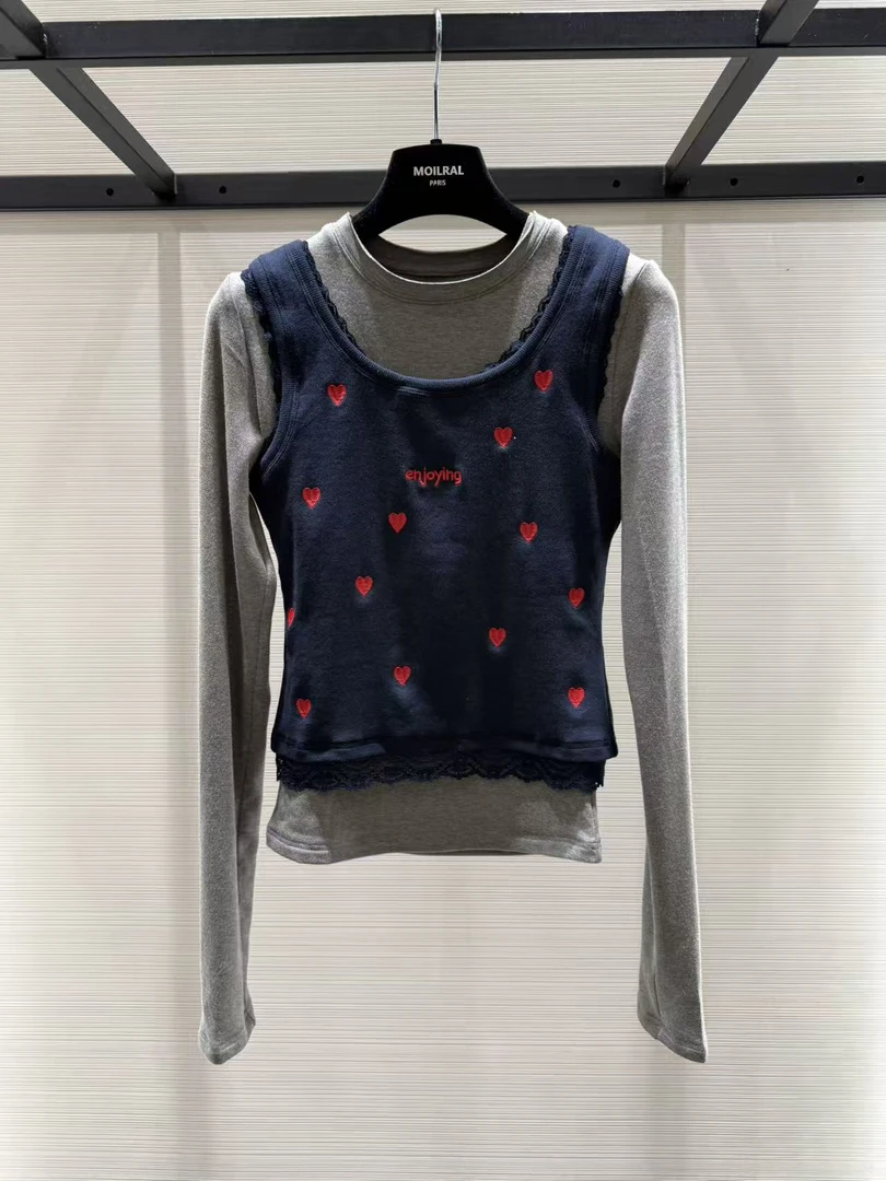 加绒 设计师新款爱心印花背心纯色圆领长袖T恤 真两件 XM2552521