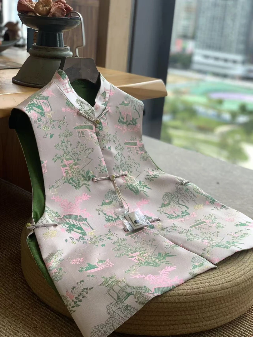 聆夏制造【一梦芳华 】新中式国风减龄粉色盘扣上衣女宋锦马甲
