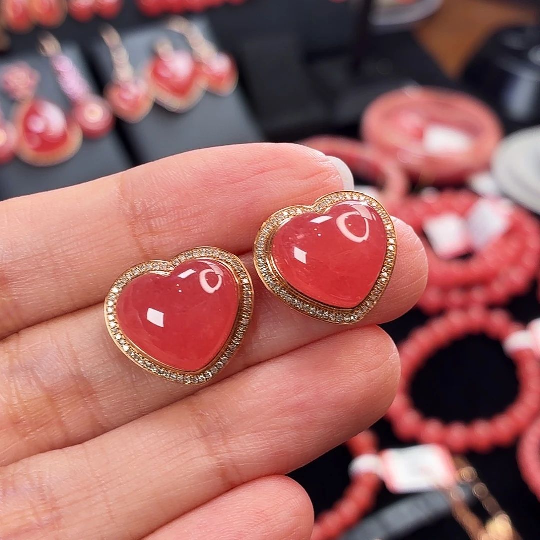 菱锰矿（红纹石）18K金镶嵌耳钉