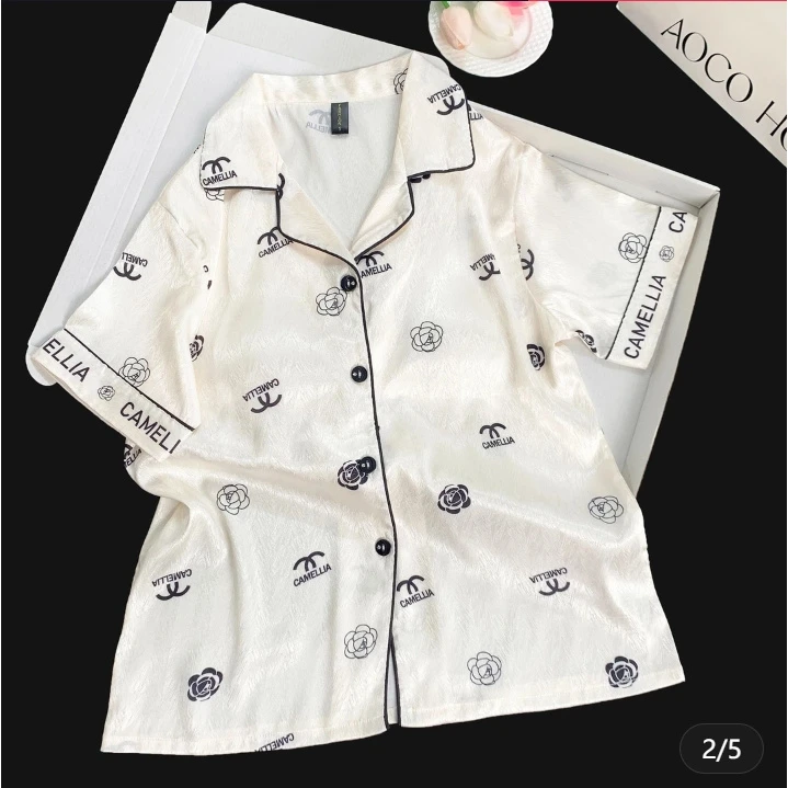 【澳门庄太奢品 】小香山茶花冰丝短袖带胸垫睡衣女夏薄家居服套装