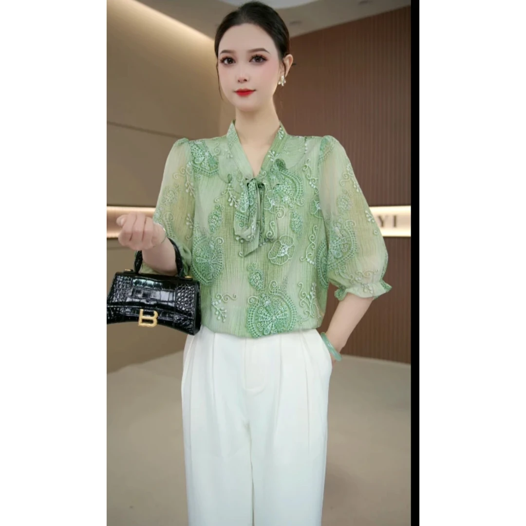 洋气气质中袖法式衬衫2025新款优雅飘带小衫时尚高端显瘦上衣8986