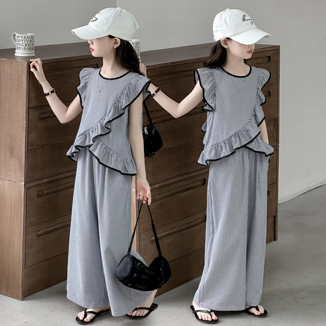 女童夏季套装2025新款大童时髦洋气儿童装荷叶边娃娃衫裤子两件套