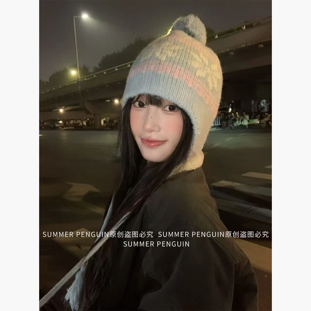 SUMMER PENGUIN新款冬季雪花针织护耳飞行帽女日系甜美毛线雷锋帽