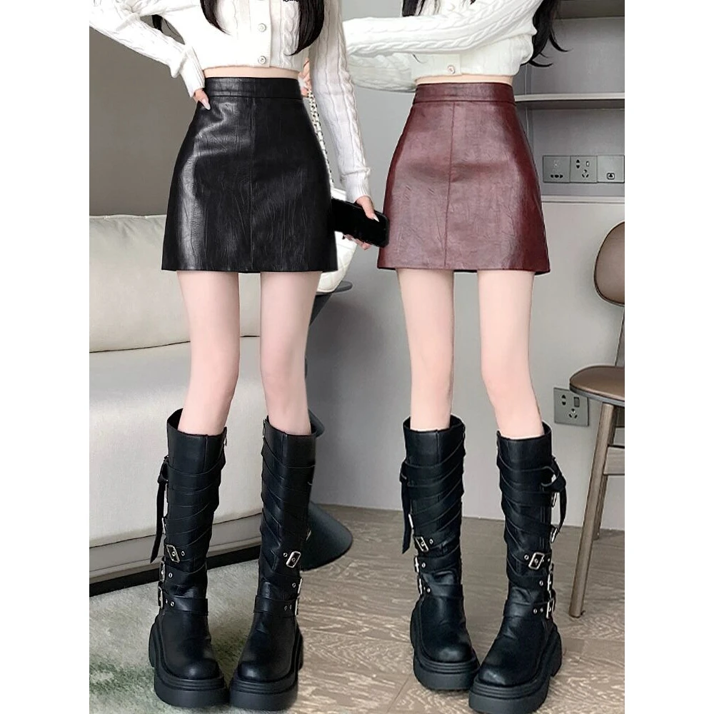 黑色皮裙半身裙女2025新款秋冬季高腰小个子超火性感a字包臀短裙