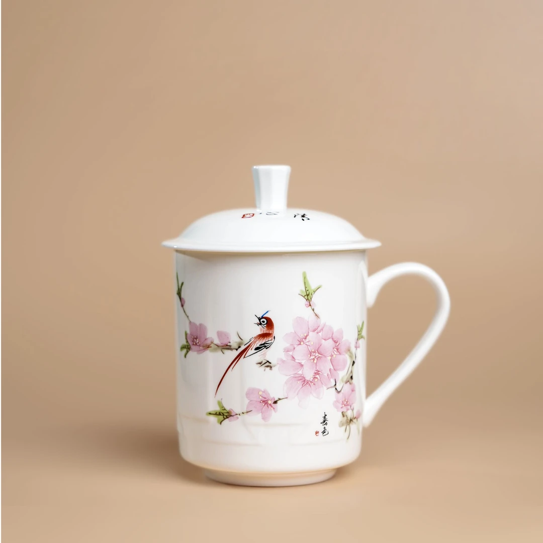 景德镇制清心水点桃花大号手把办公杯茶具陶瓷家用带盖中式白瓷