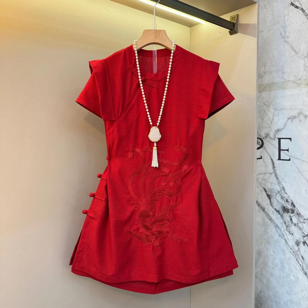 新中式重工刺绣凤凰于飞斜襟盘扣半袖老钱风大衫短裤两件套1920