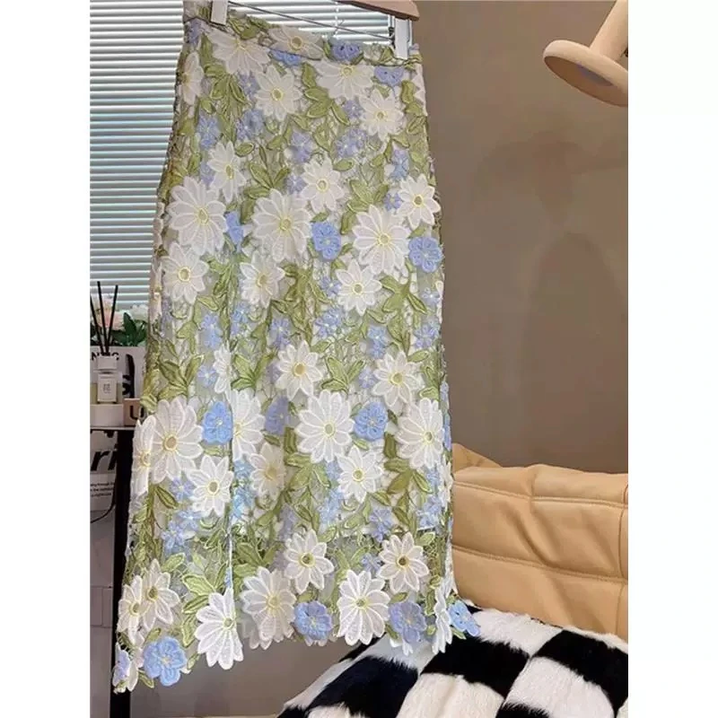 名媛风重工水洗溶小A包臀裙女春夏款镂空立体花半身裙